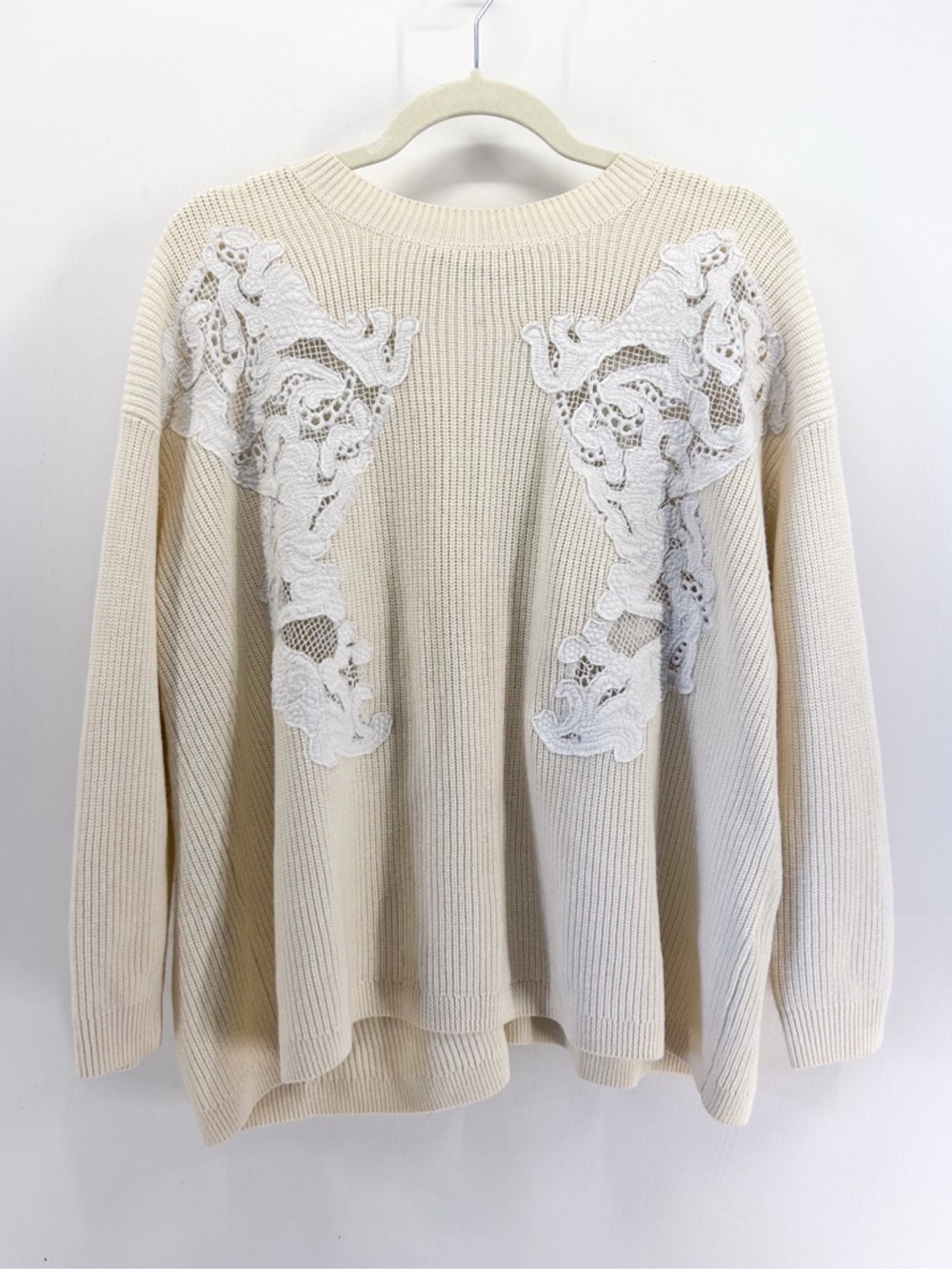 Sandro Paris Cream Rib Knit Wool Blend Sweater Lace Eyelet Panels Open Back S
